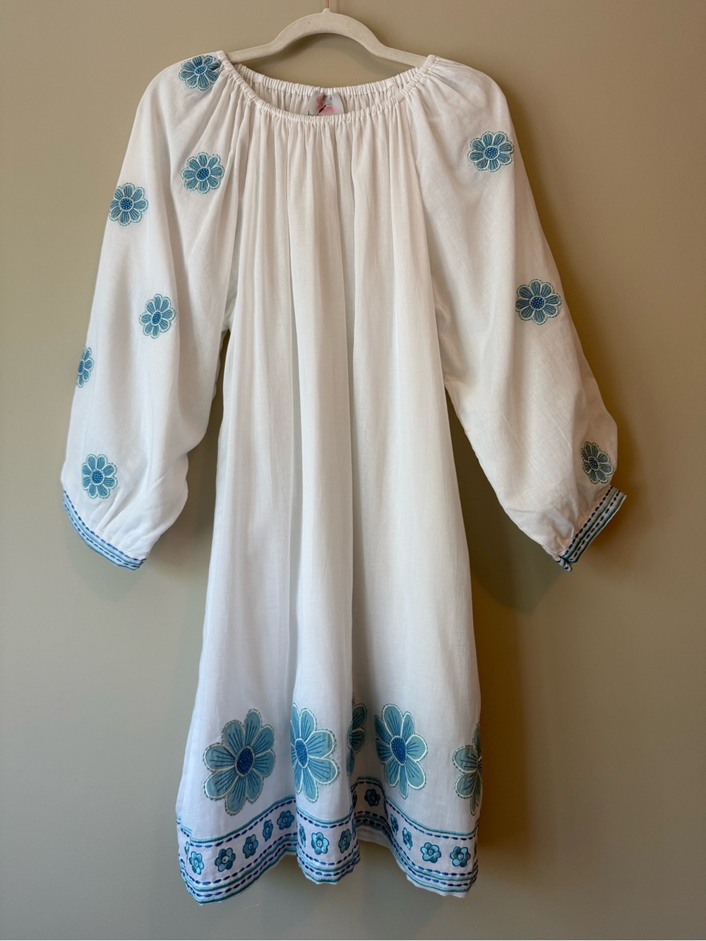Bella Tu White Cotton Dress Blue Floral Embroidery Boho Resort | Size L